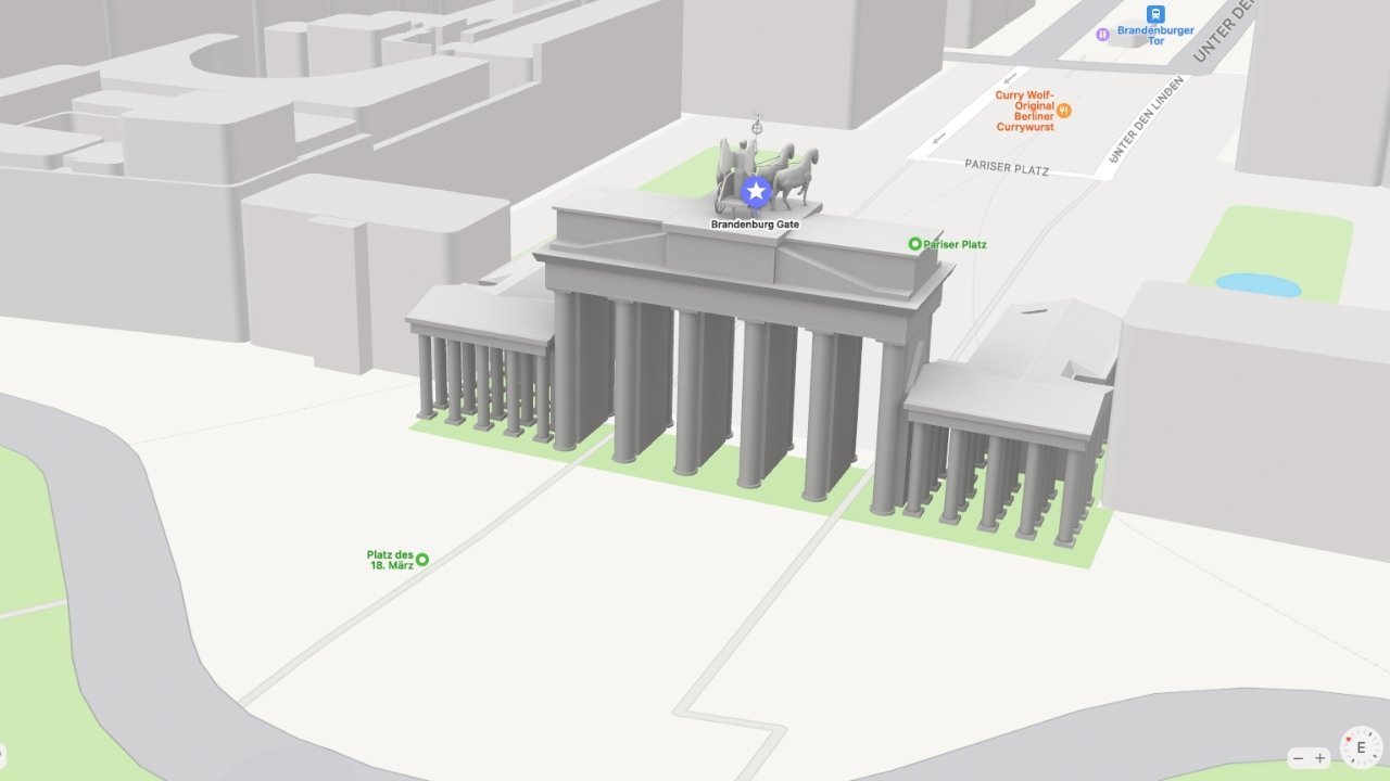 3D map of a city area showing a detailed architectural model of the Brandenburg Gate, nearby buildings, roads, and labeled locations.