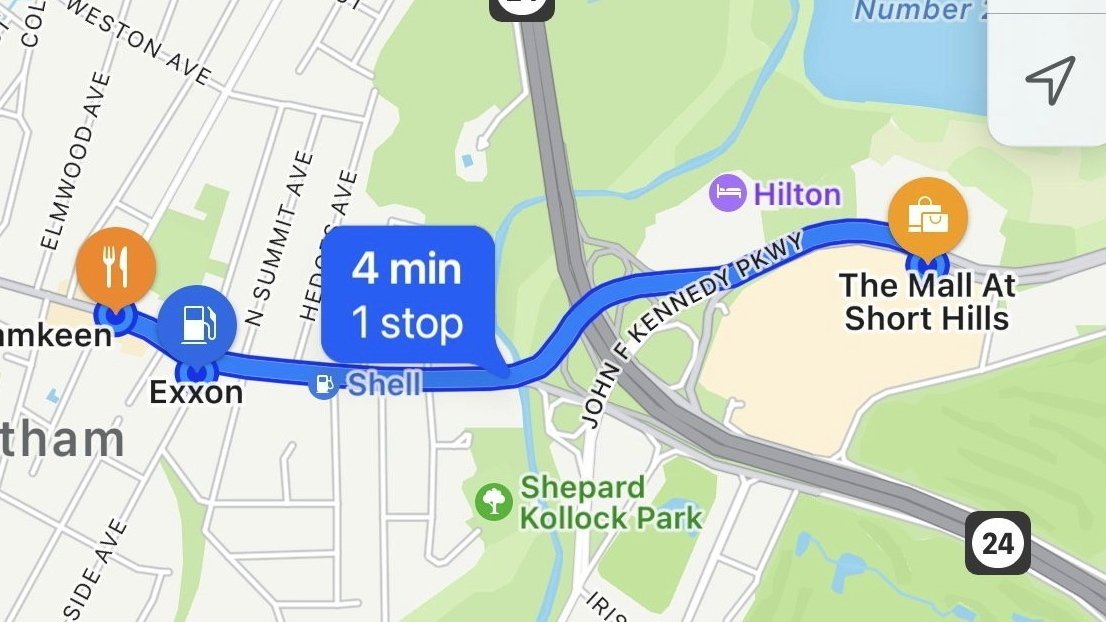 Map showing a 4-minute route with one stop between Exxon gas station and The Mall at Short Hills, passing Shell and Shepard Kollock Park.