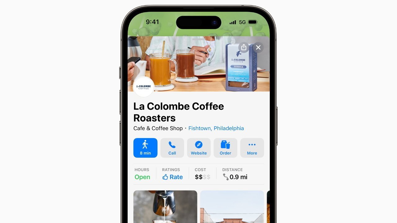 Smartphone screen showing La Colombe Coffee Roasters location details, including distance, navigation, ratings, cost, contact options, and hours of operation.