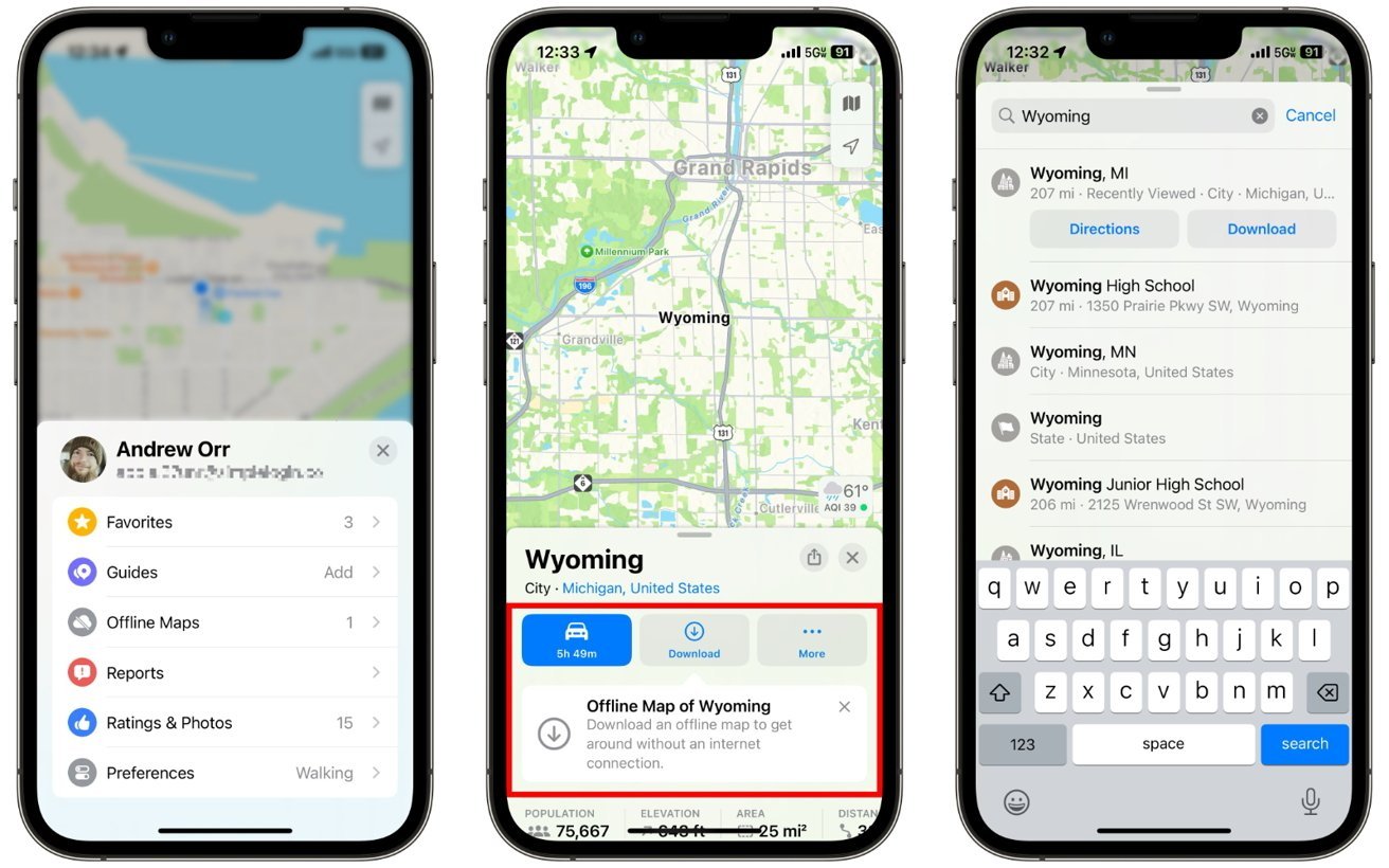 Three smartphones displaying Apple Maps: left shows user profile, middle shows a map of Wyoming, MI, and right shows search results for Wyoming, MI and other locations.