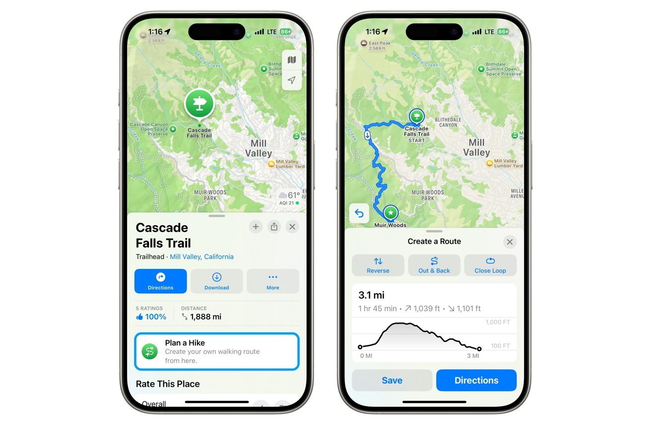 Two smartphones displaying a hiking trail map for Cascade Falls Trail in Mill Valley, California, with routing options and trail details, including distance, elevation, and estimated time.