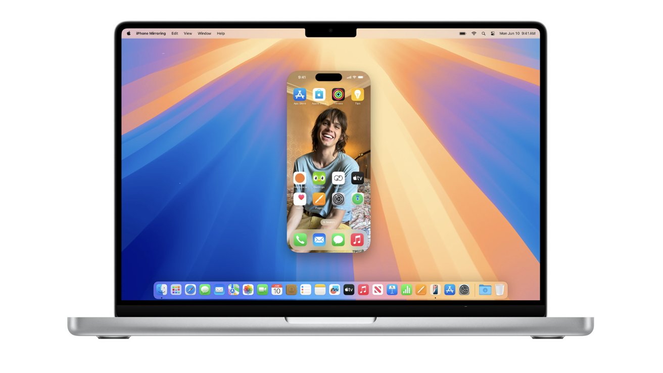 An iPhone display being mirrored onto a MacBook display