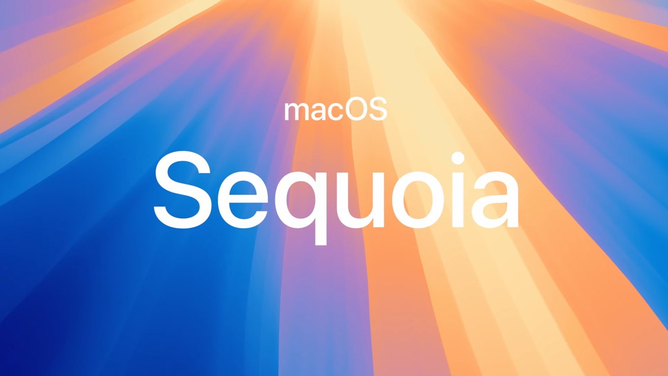 macOS Sequoia text over a background with warm yellow and orange light beams merging into cool blue areas.