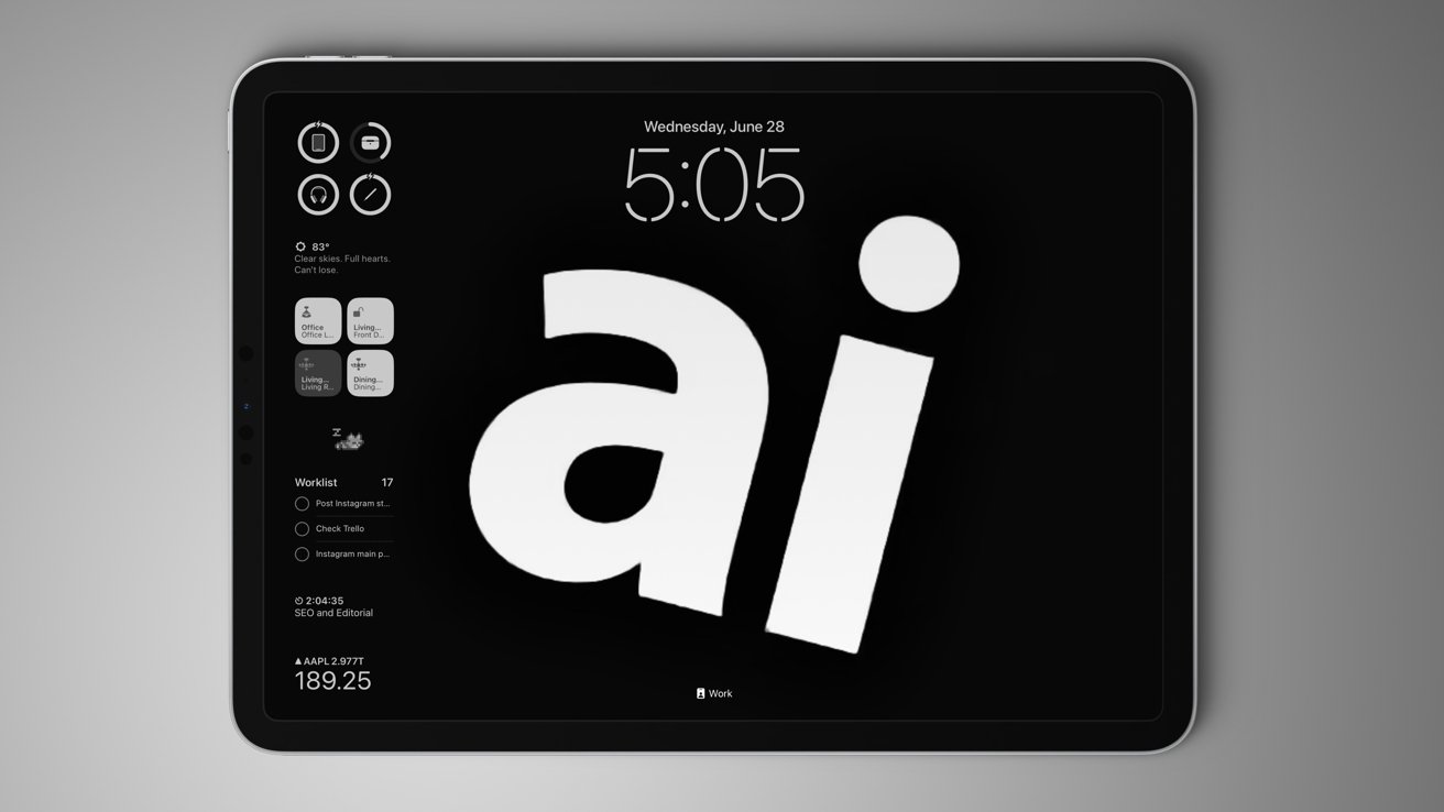 Black tablet screen displaying the time 5:05 and date Wednesday, June 28 with large 'ai' text in the center and multiple icons and widgets on the left.