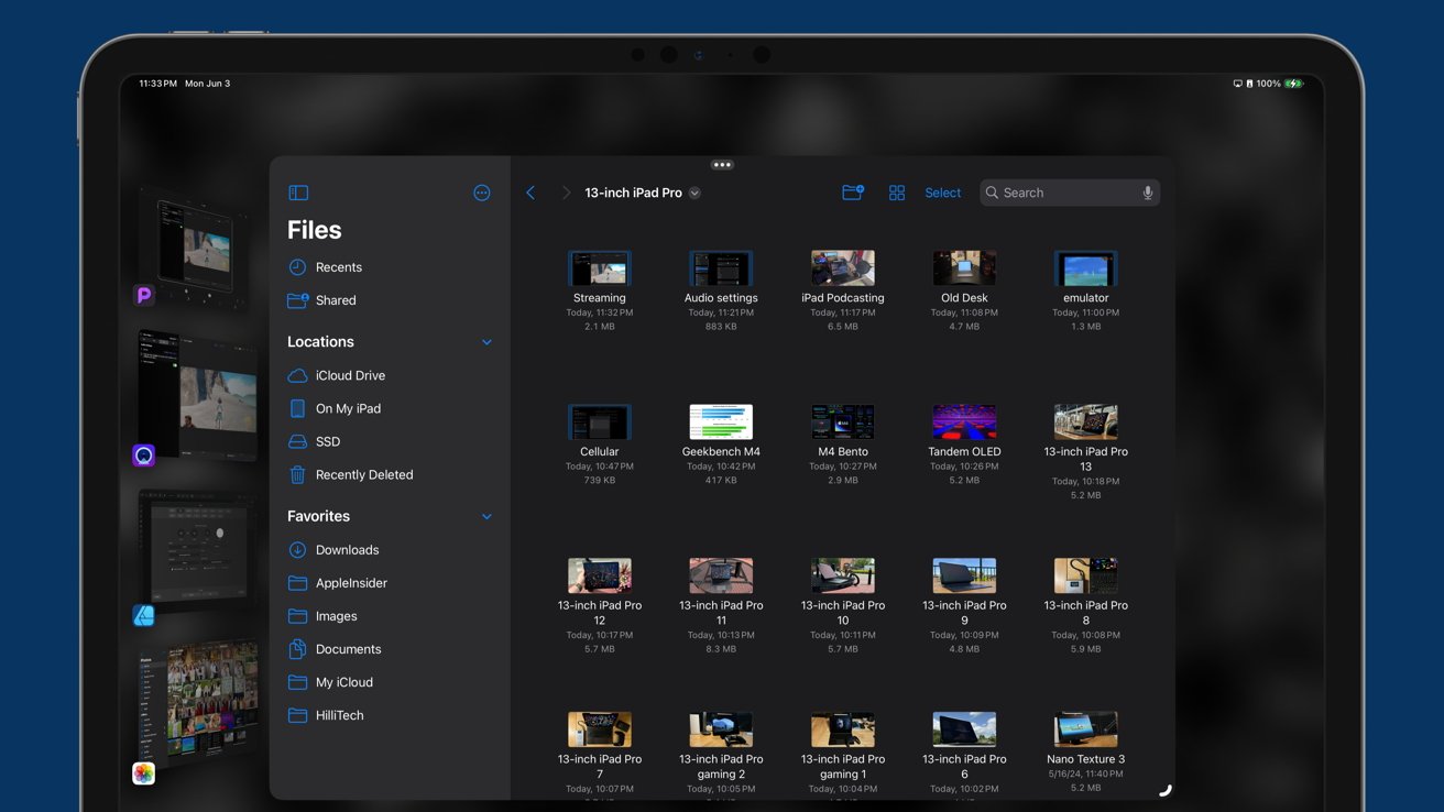 A tablet screen shows a file management app with various folders, file previews, and navigation options. The interface is dark-themed with file names and thumbnails.