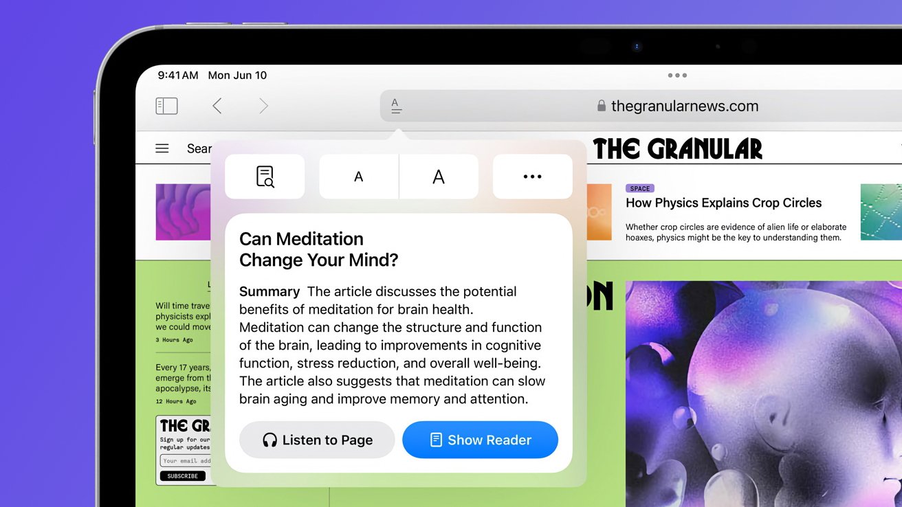 A webpage on a tablet displaying an article summary about the benefits of meditation for brain health, under the title &ldquo;Can Meditation Change Your Mind?&rdquo;.