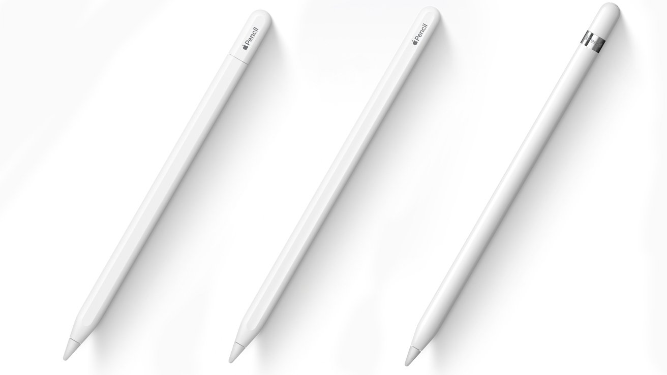 Three white digital styluses in a row on a white background.