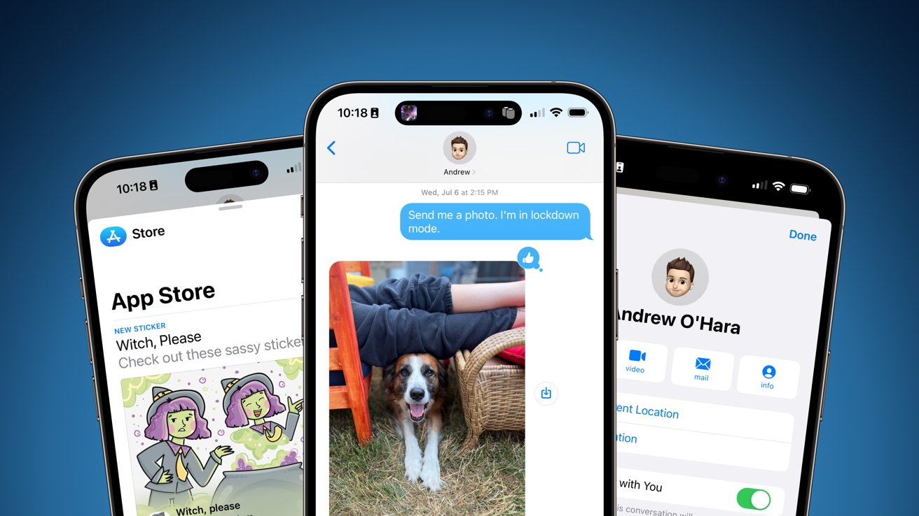 Three smartphone screens display the App Store, a messaging conversation with a photo of a dog under a chair, and a contact profile named Andrew O'Hara.