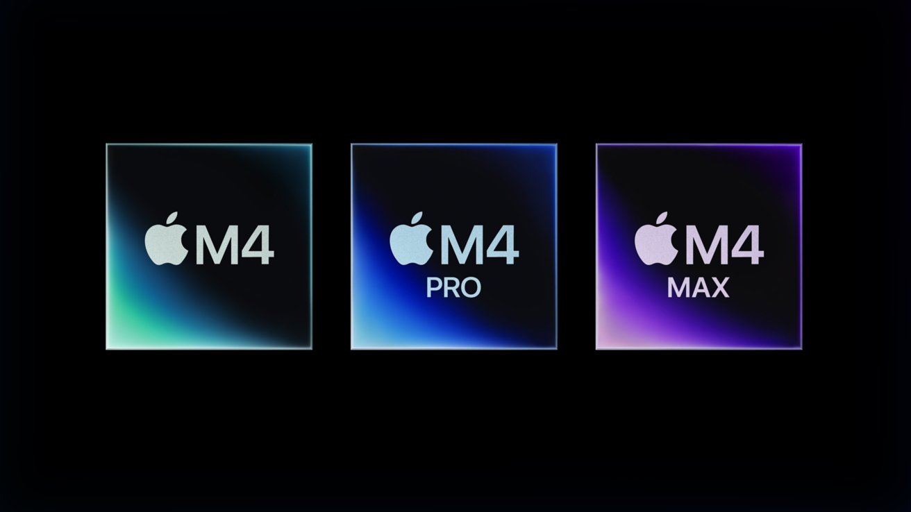 Three Apple logos with text: M4 in green and blue, M4 Pro in blue, M4 Max in purple. Black background.