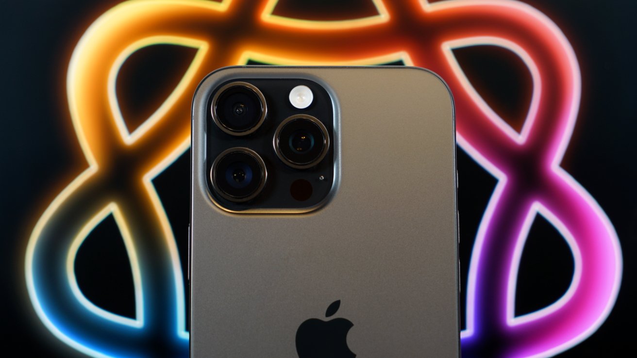 Smartphone with three camera lenses and flash, in front of a blurred, colorful abstract background with curved shapes.