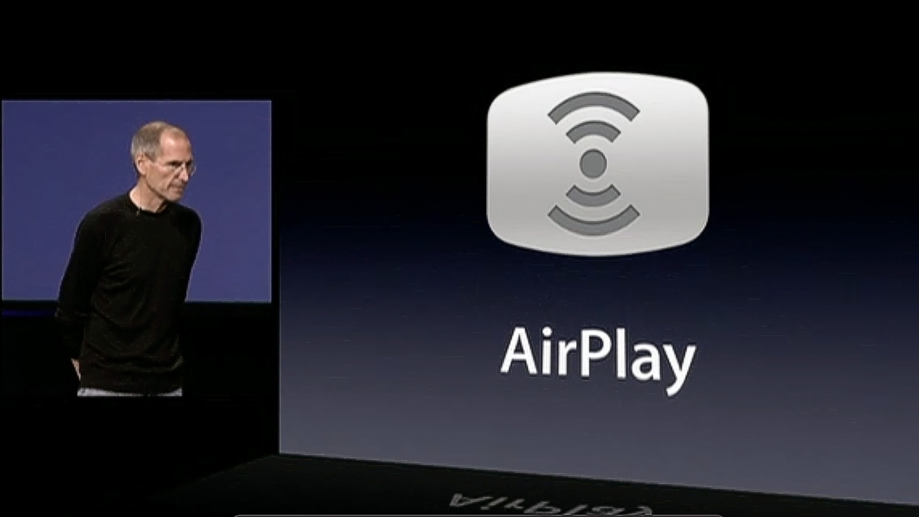 Steve Jobs announcing the rebranding of AirTunes to AirPlay at a 2010 event