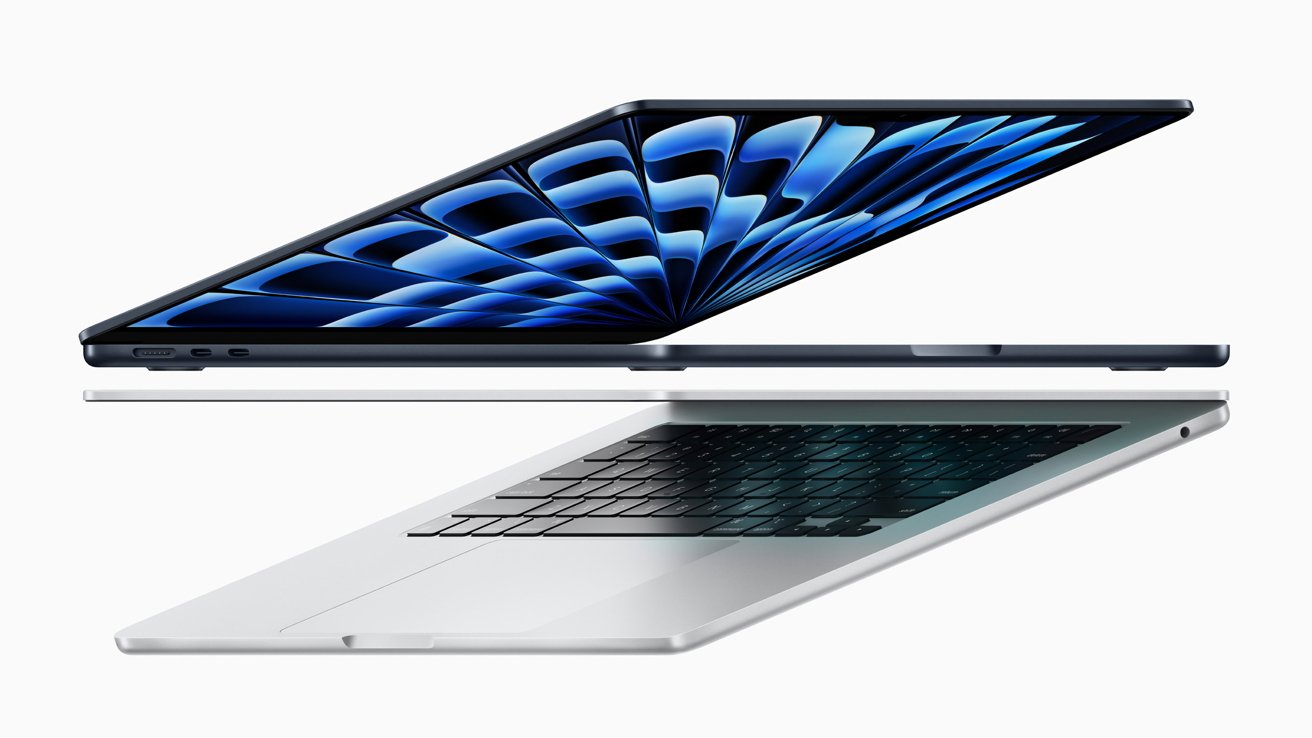 Two MacBook Air models sit on top of each other in a render, lids open, one inverted under the other.