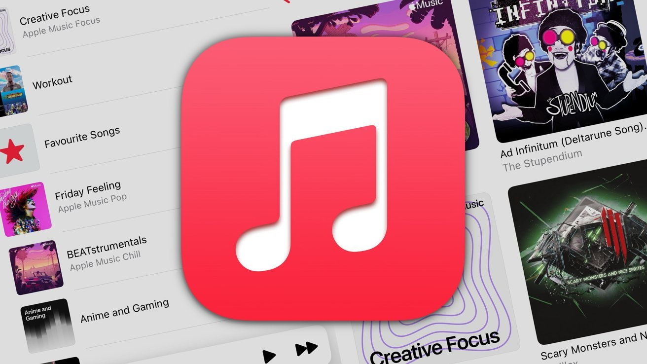 Apple Music digital music platform interface with a large red music note icon and playlists like Creative Focus and Workout displayed.