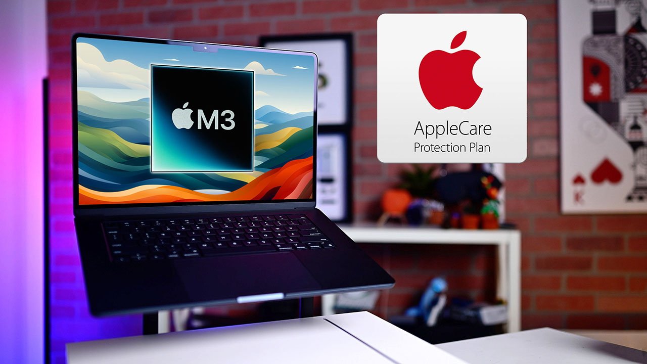 A MacBook Air with the Apple M3 chip announcement on screen, next to an AppleCare Protection Plan card, on a desk with colorful background lighting.