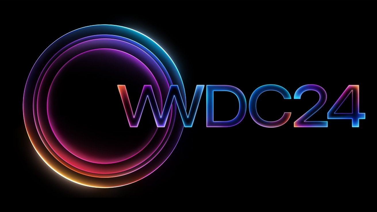 Apple Park icon and 'WWDC 24' stylized with purple, blue, pink, and gold coloring