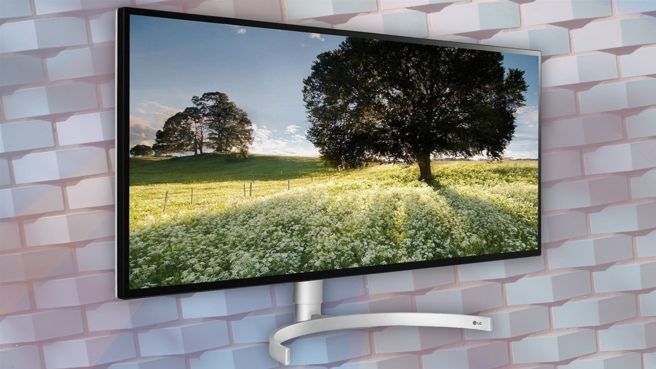 A flat-screen monitor on a wall displays a serene landscape with trees and a sunlit field of flowers.