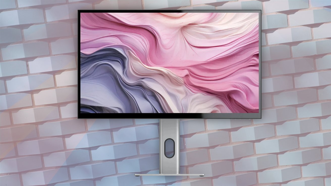 A wall-mounted screen displaying abstract pink and gray swirls with a metallic stand, set against a light gray brick wall background.