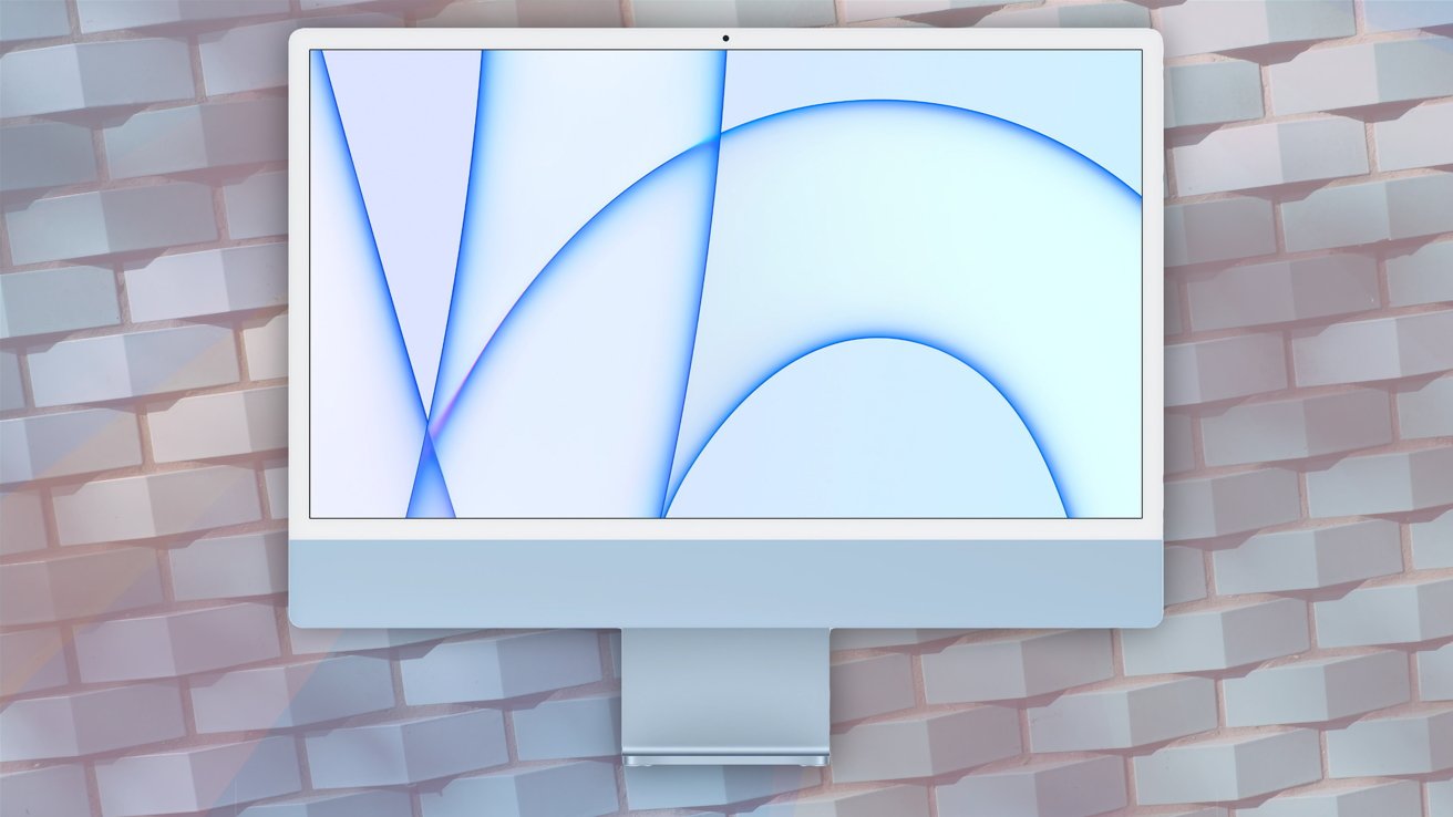 Computer monitor displaying abstract light blue and purple lines, with a brick wall background.