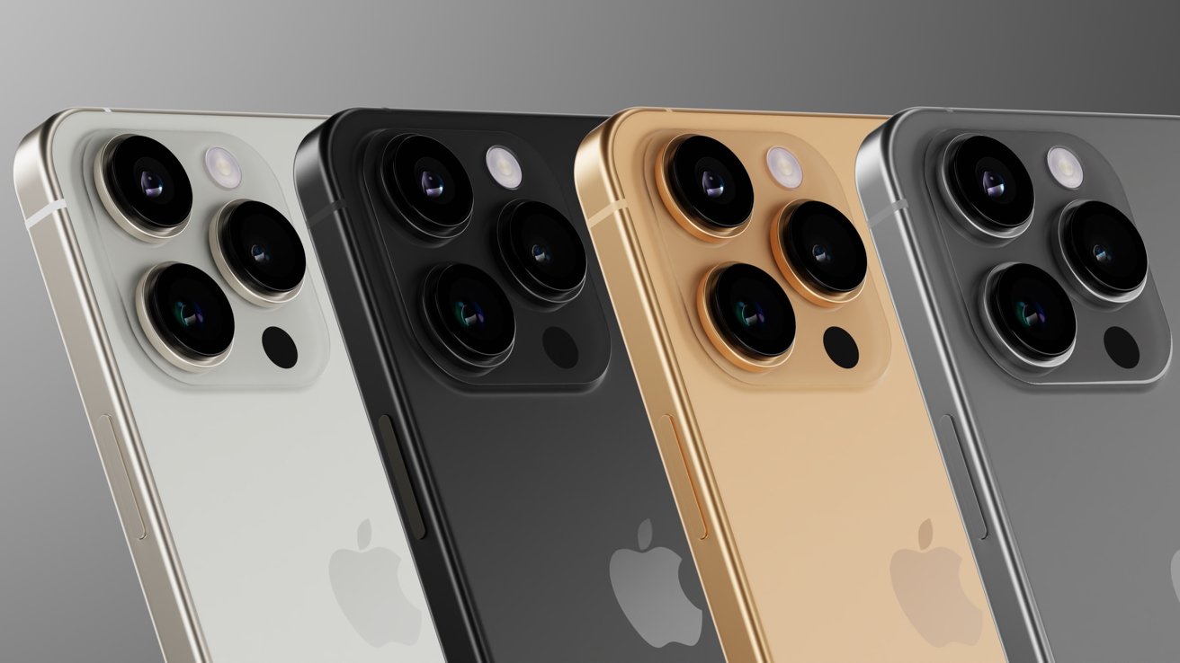 Four iPhone 16 Pro renders in white, black, gold, and natural titanium colors