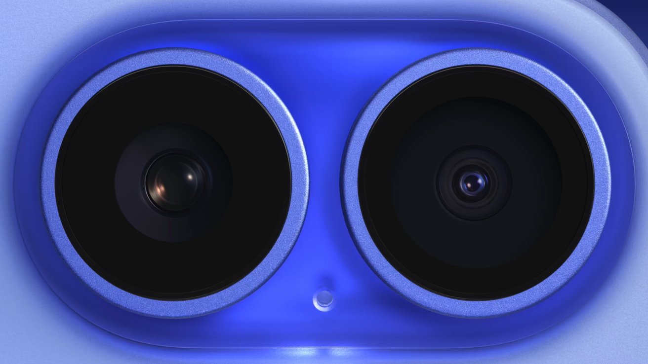 Close-up of a dual-lens camera setup with a blue metallic finish and a small dot between the lenses.