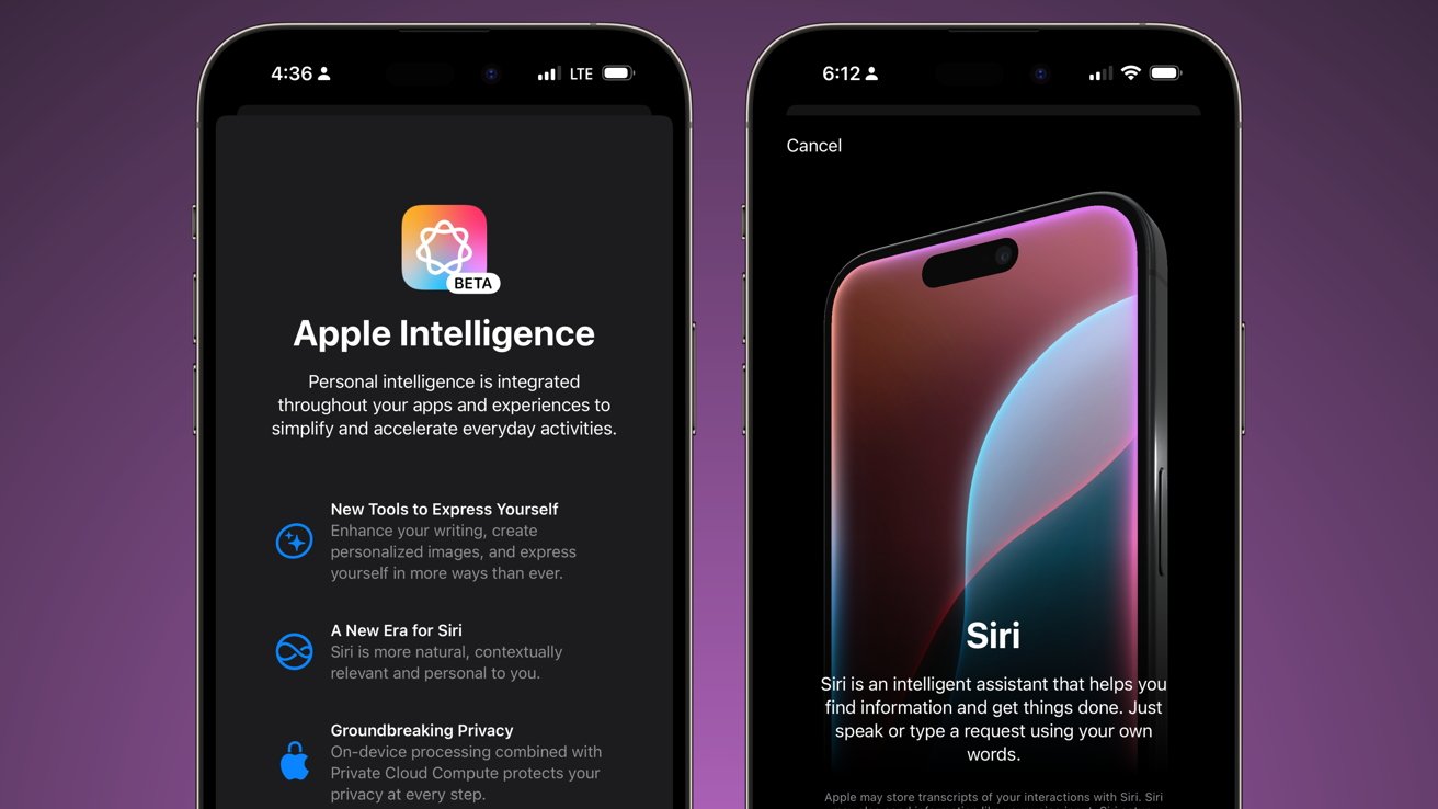 Two smartphones display Apple Intelligence features, showcasing beta information, new tools, Siri enhancements, and privacy details on dark backgrounds.