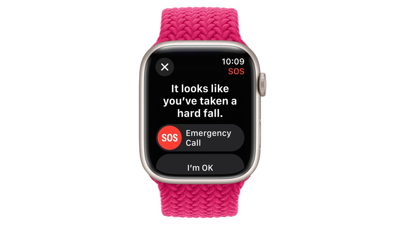 A smartwatch with a pink strap displays a fall detection alert offering SOS and 'I'm OK' options.