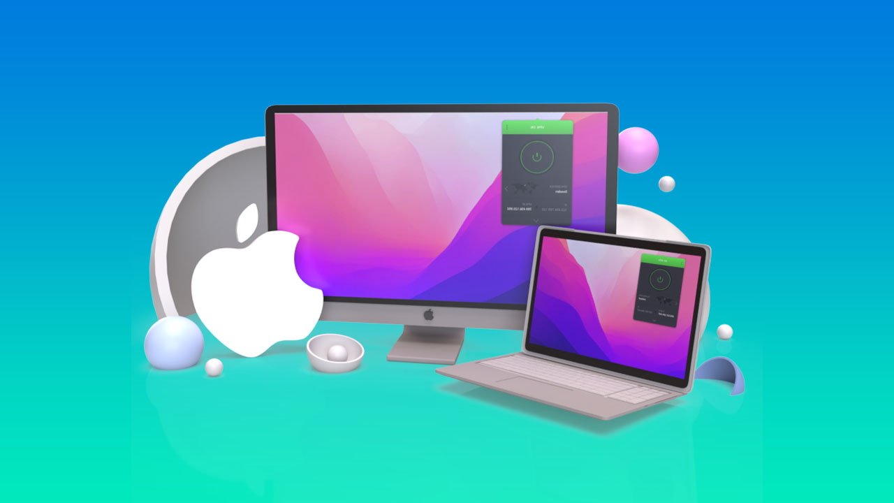 A stylized setup with an Apple monitor, laptop, and accessories on a blue and turquoise background with floating abstract shapes.