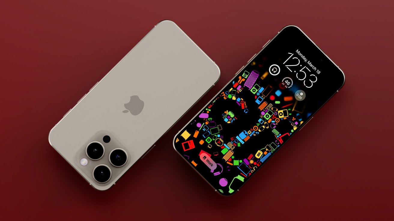 Two iPhone 16 renders, one facing down with a tan color, one facing up displaying the time and a colorful wallpaper