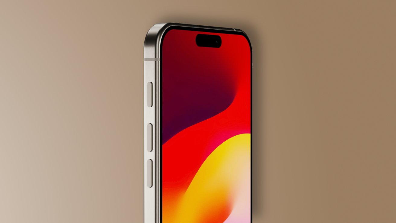 An iPhone 16 Pro render facing forward with a red wallpaper