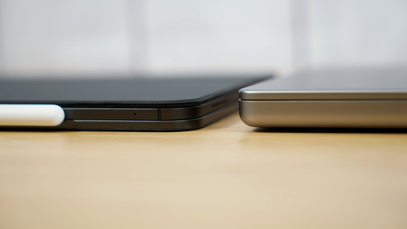 A 14-inch MacBook Pro and iPad Pro closed on a desk