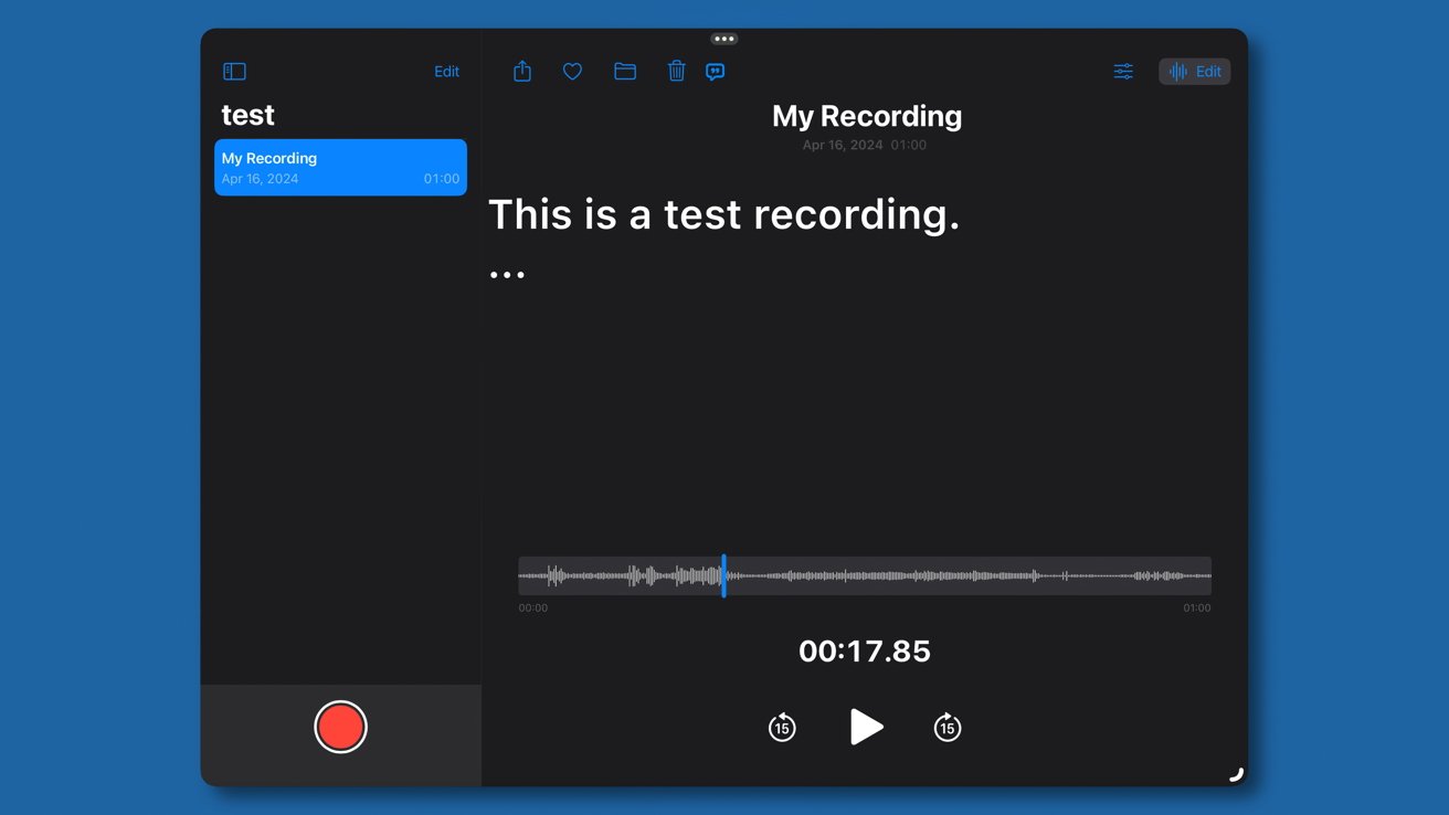 A mockup of Voice Memos with transcription capabilities.