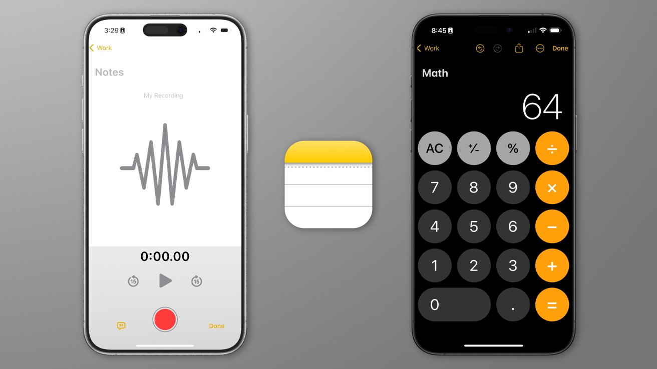 A mockup showing the Notes app with Voice Memos and Calculator functions