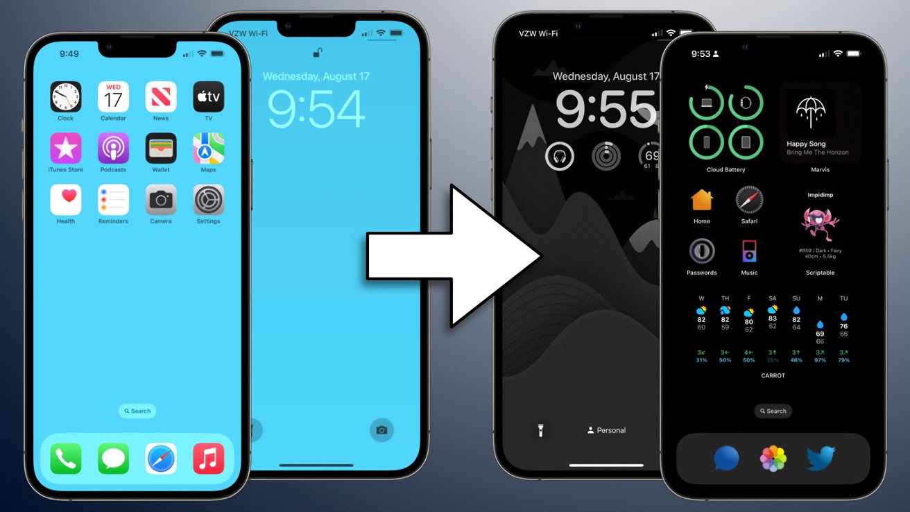 A graphic showing how an iPhone can be customized from a basic layout to a unique layout