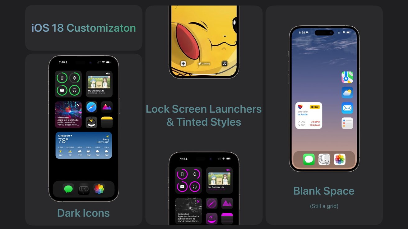 Three phones showcasing iOS 18 customizations with dark icons, lock screen launchers with a Pikachu background, and a blank space home screen with grid app layout.