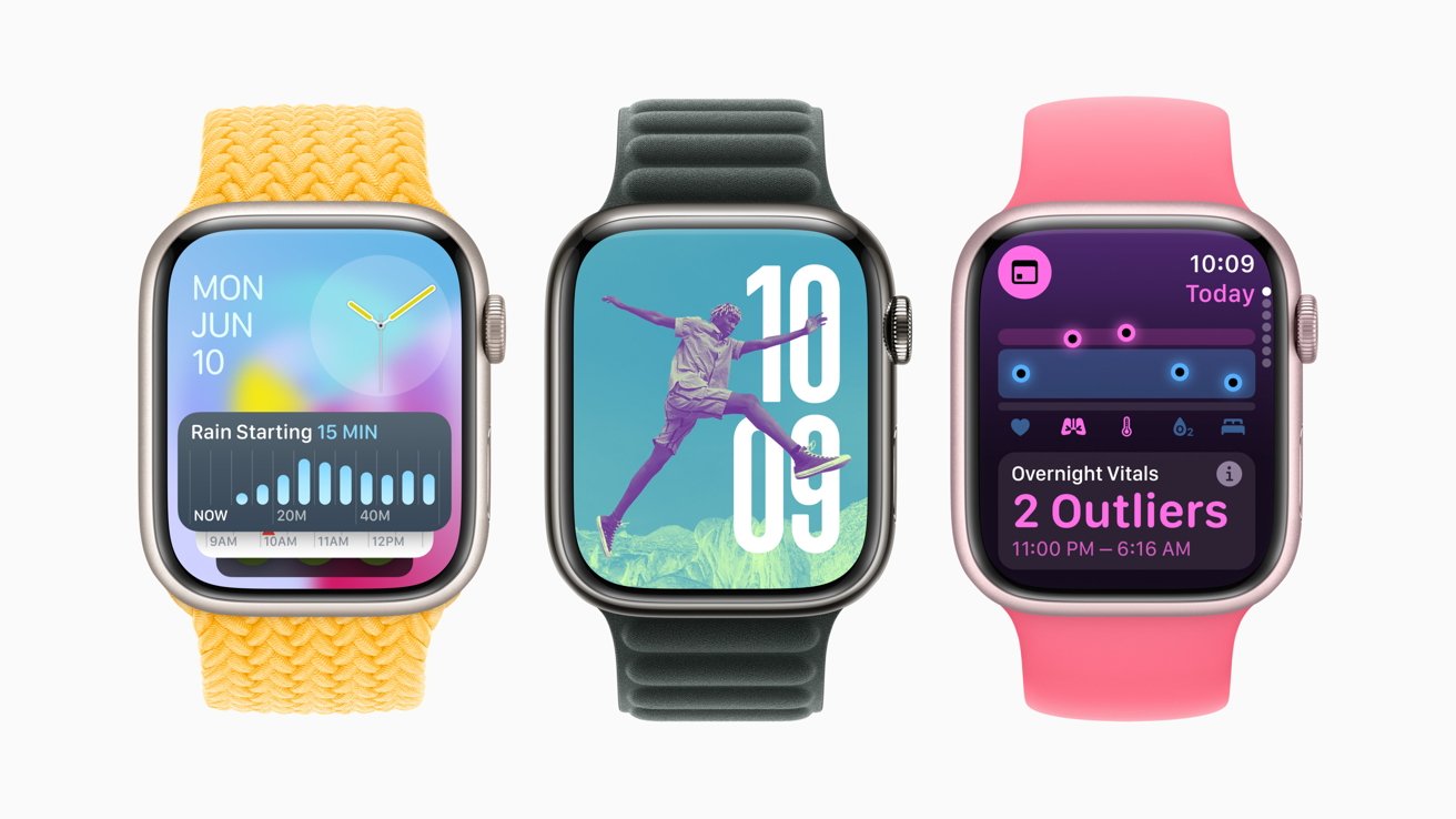 Three smartwatches with different colorful bands display weather, fitness, and health data on their screens.