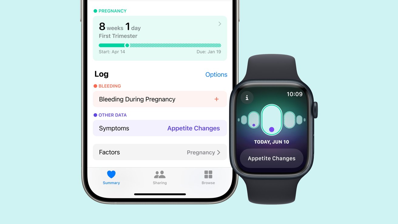 The Cycle Tracking app on iPhone and Apple watch showing different pregnancy data