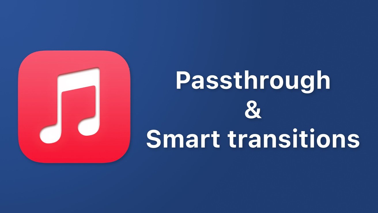 Red app icon with a white musical note on the left, and the words Passthrough &amp; Smart transitions on the right against a blue background.