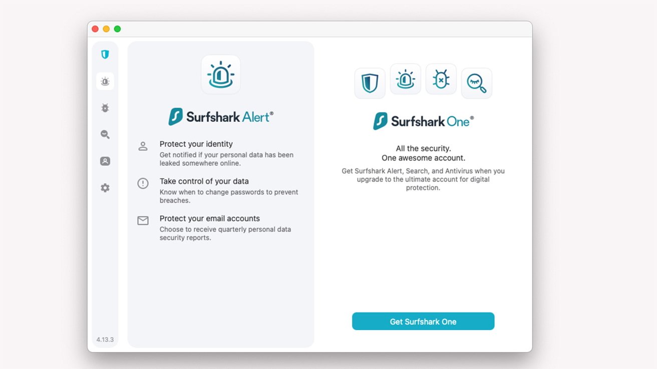 Surfshark Alert and One features listed on a software interface, including identity protection, data control, email security, and a button to get Surfshark One.