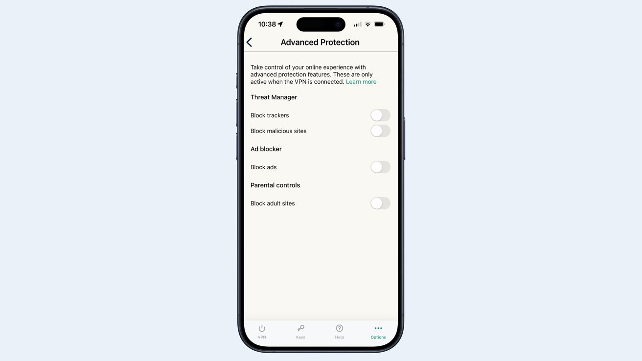 Smartphone screen showing Advanced Protection settings with options to block trackers, malicious sites, and ads. All switches are off.