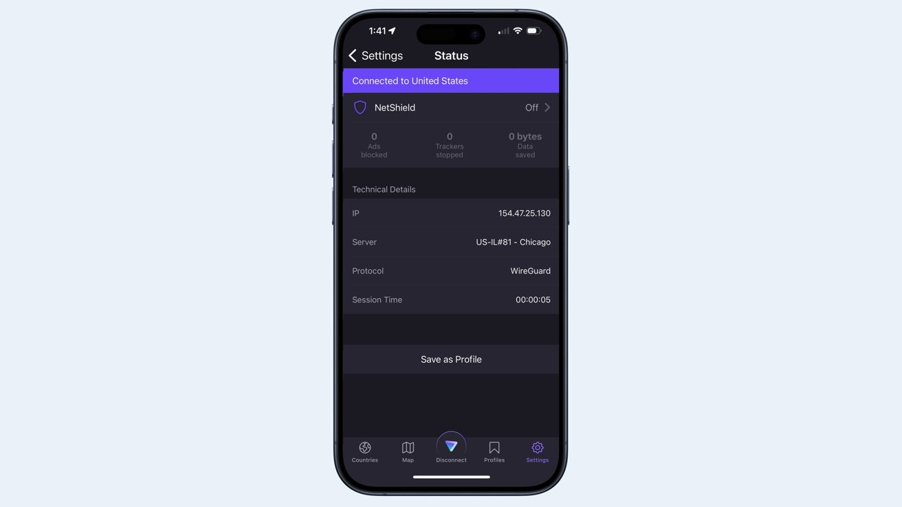 Proton interface on mobile device shows connection status to the United States, details like IP address, server location (Chicago), protocol (WireGuard), session time.