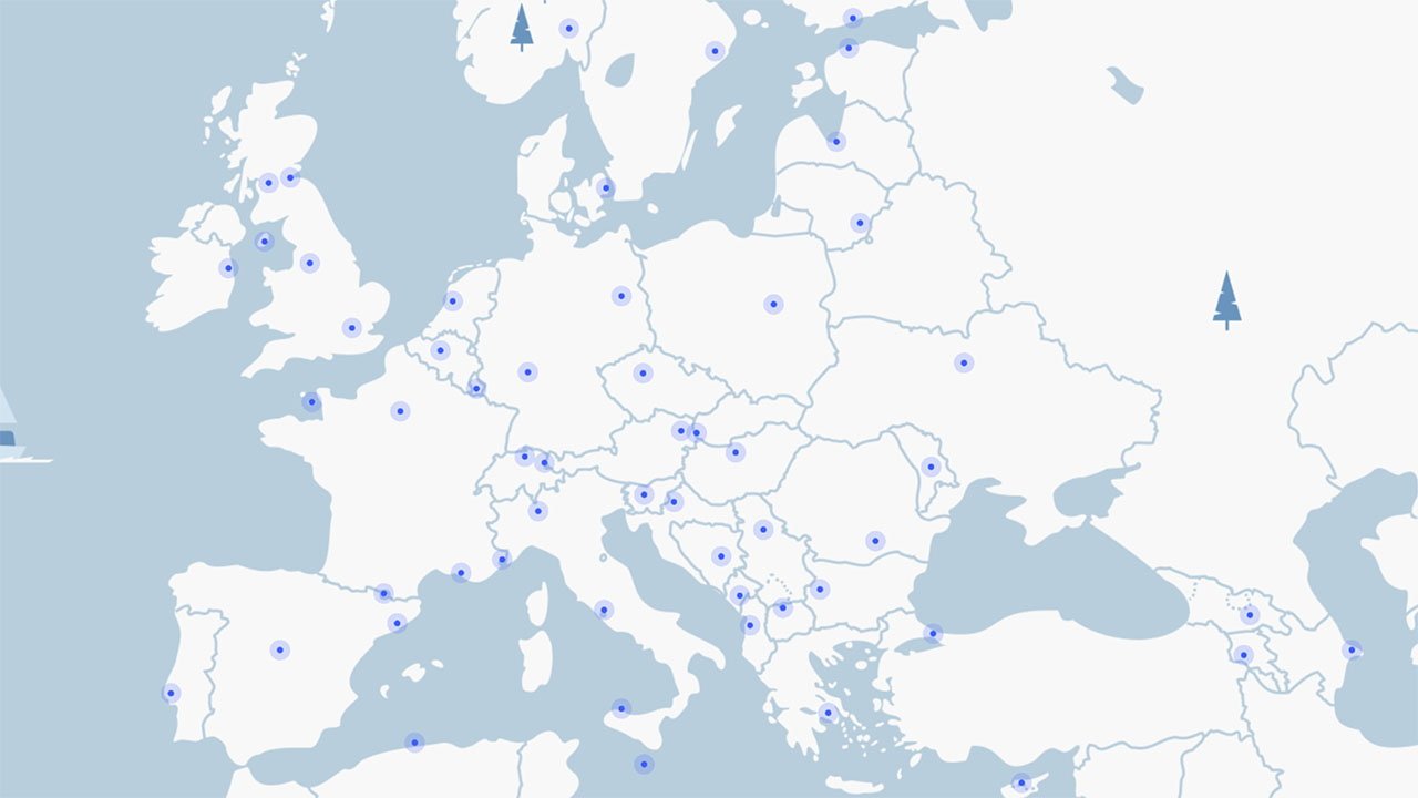 Map of Europe with blue dots marking various VPN server locations across countries.