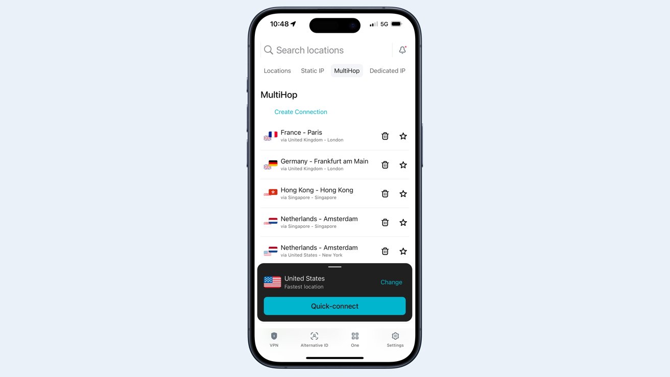 Smartphone screen showing Surfshark app with location search, MultiHop selections, flags, and quick-connect button. Locations include France, Germany, Hong Kong, Netherlands, and the United States.