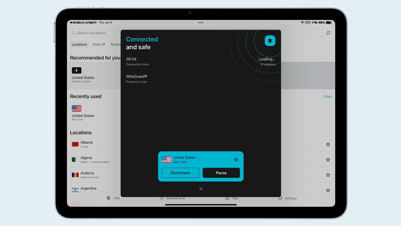 Tablet screen showing a VPN application connected to a United States server, using WireGuard protocol. Options to disconnect or pause, and a list of countries are visible.