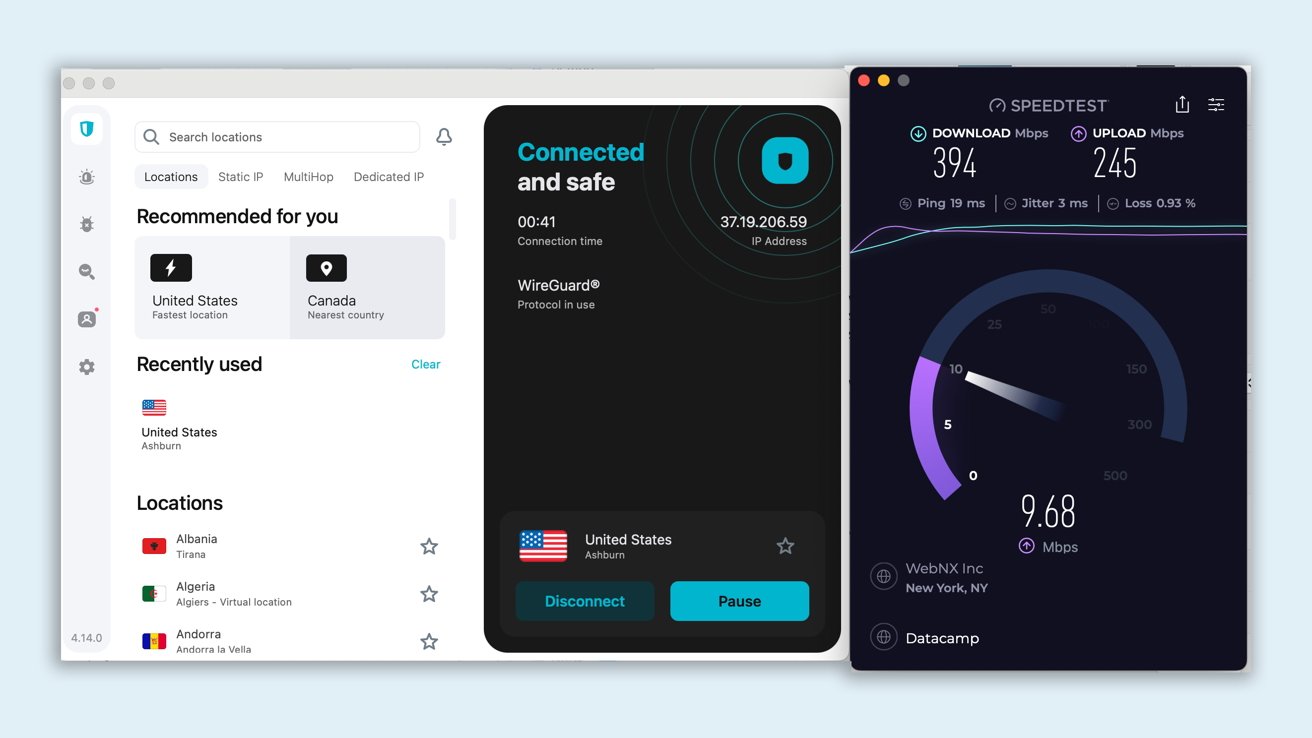 Three software displays: a VPN app showing connection to United States, a connected status screen with IP address, and a speed test result of 394 Mbps download, 245 Mbps upload.