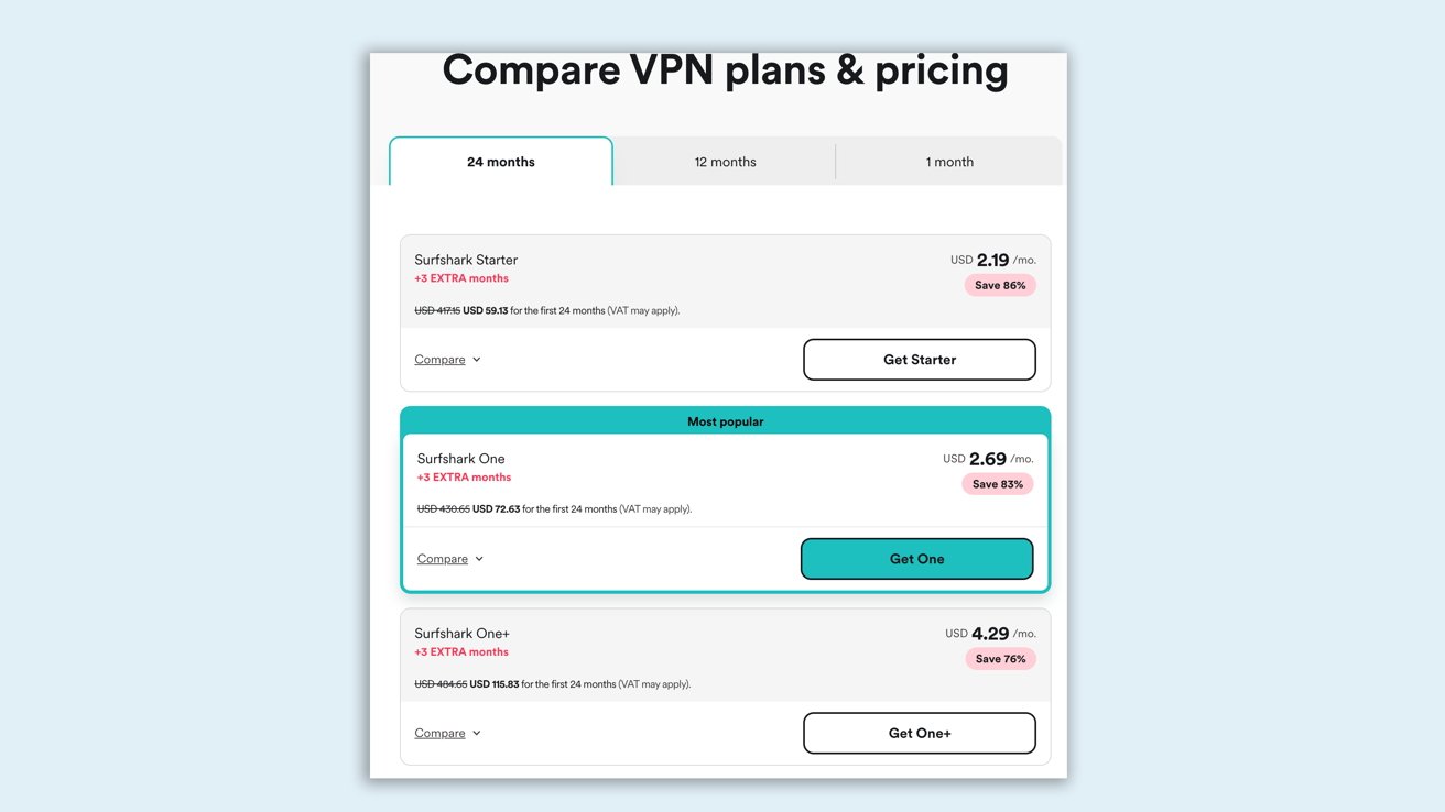 Compare VPN plans and pricing for 24, 12, and 1-month durations, with detailed options, prices, and savings percentages for Surfshark Starter, One, and One+.