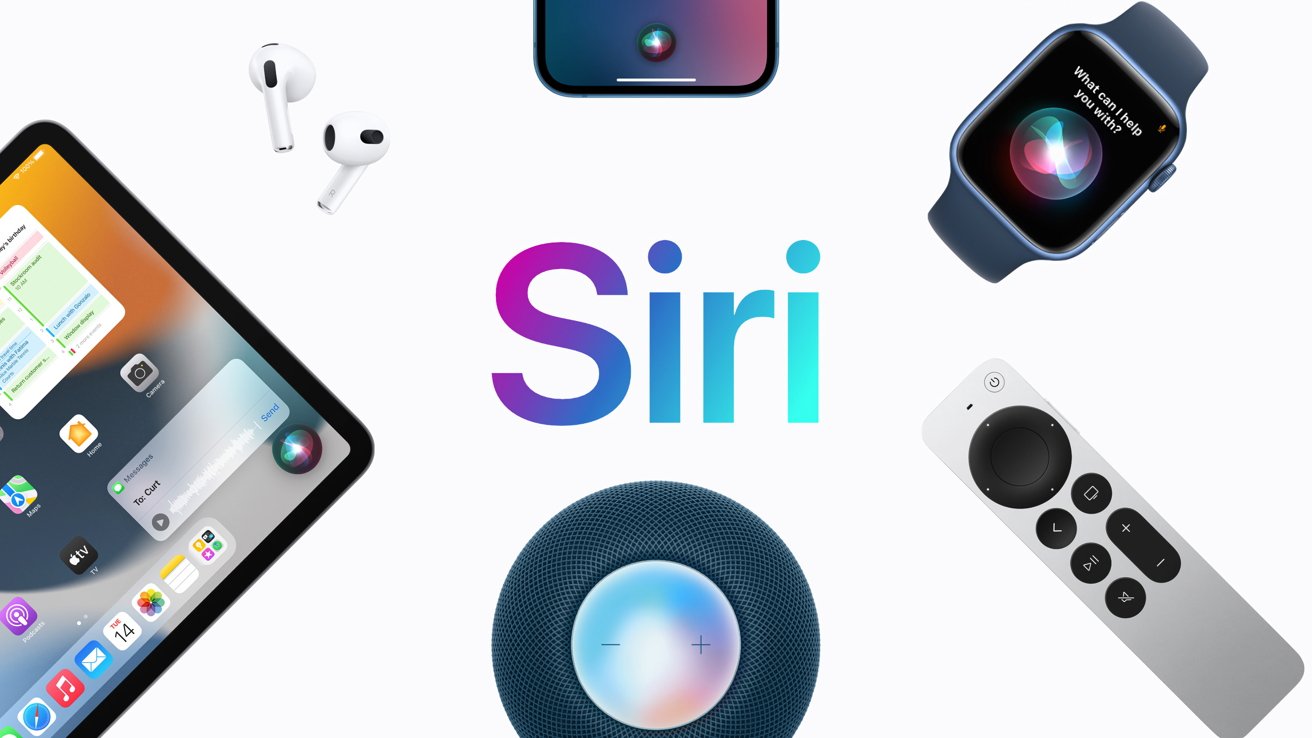 Text reading 'Siri' surrounded by devices like iPhone, iPad, and Apple Watch