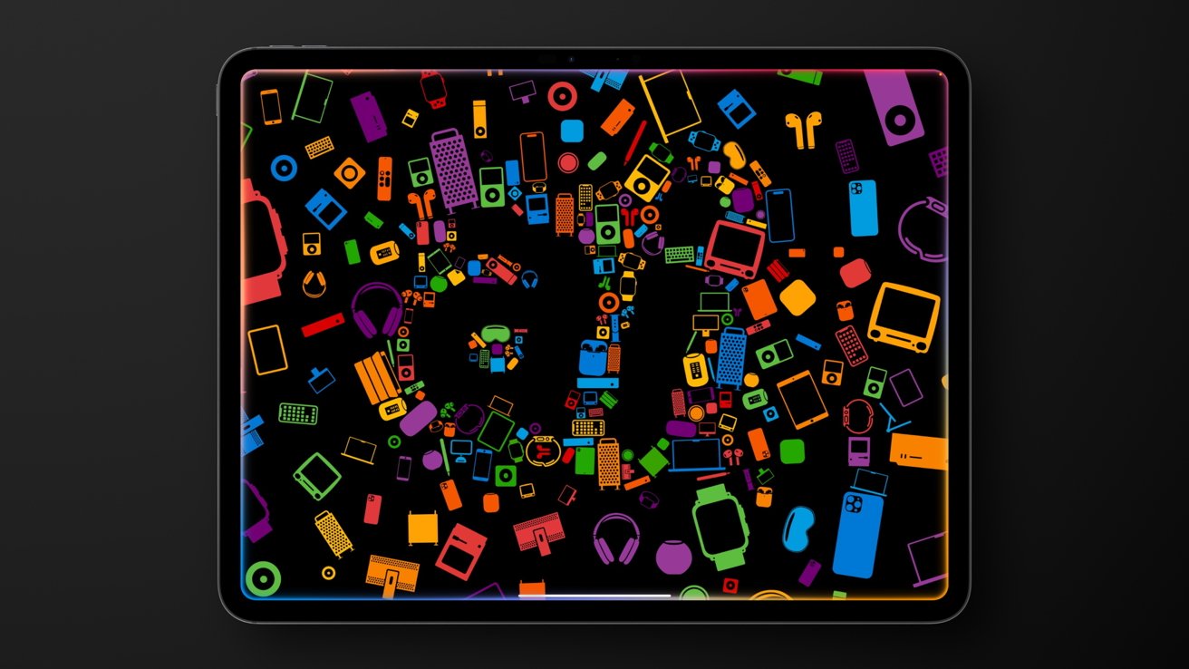 Colorful gadgets, headphones, cameras, and screens form the numbers '20' on a black background, displayed on a tablet with a sleek, modern design.