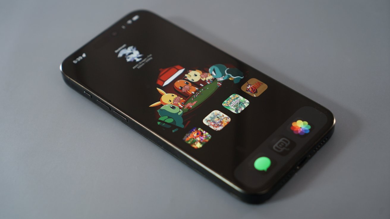 An iPhone Home Screen with a Pokemon themed wallpaper and custom icons to launch emulated games