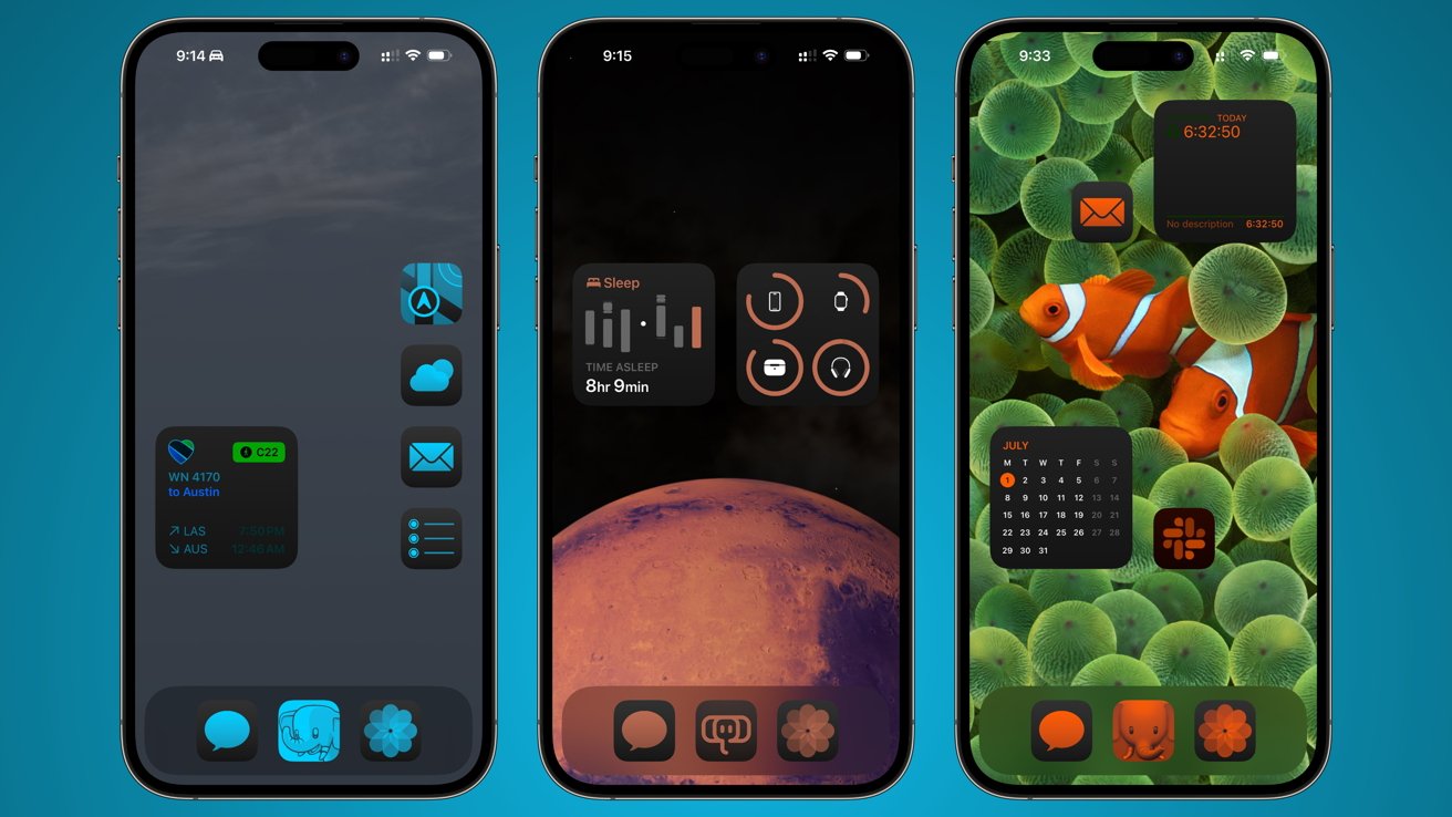 Three iPhone screenshots of different Home Screens with tinted icons