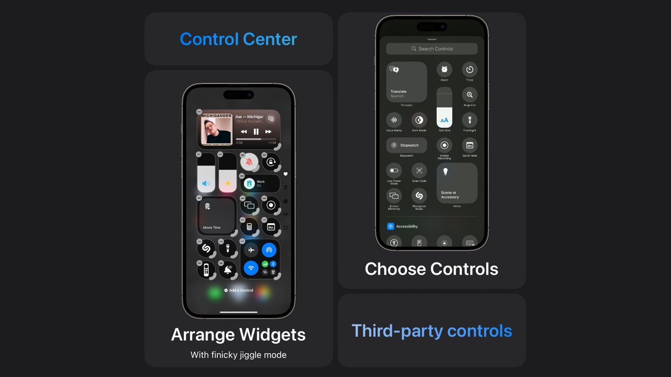 A bento showing Control Center customization and options for widgets